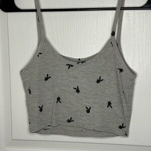 PLAYBOY Gray Crop Top with Black Logo Pattern